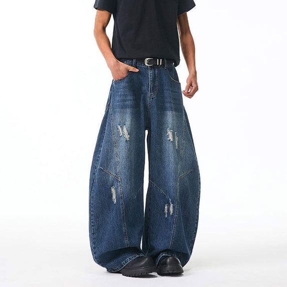 Blmnix Baggy Jeans Pants Men Cargo Barrel Jeans Relaxed Fit Jeans Wide-Leg Low Rise Blue Long Mens Casual Pants,XXL