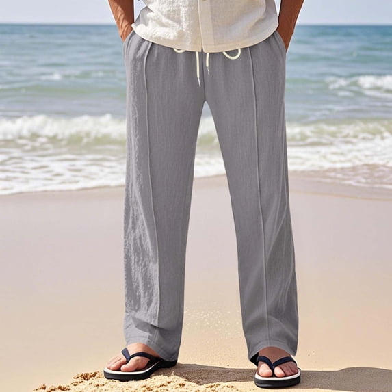 Blmnix Baggy Men's Pants Linen Pants Beach Pants Palazzo Bottoms Gray Low Waisted Straight-Leg Long Casual Pants for Men,M
