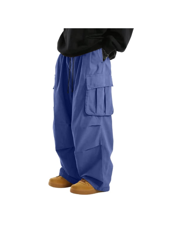 Baggy Men's Pants Travel Pants Low Rise Hiking Pants Cargo Sweatpants Blue Long Wide-Leg Summer Pants for Men,S