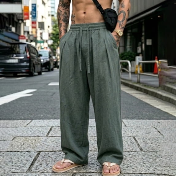 Blmnix Baggy Pants for Men Palazzo Linen Pants Lightweight Pants Low Rise Pant Long Straight-Leg Green Summer Pants,XL