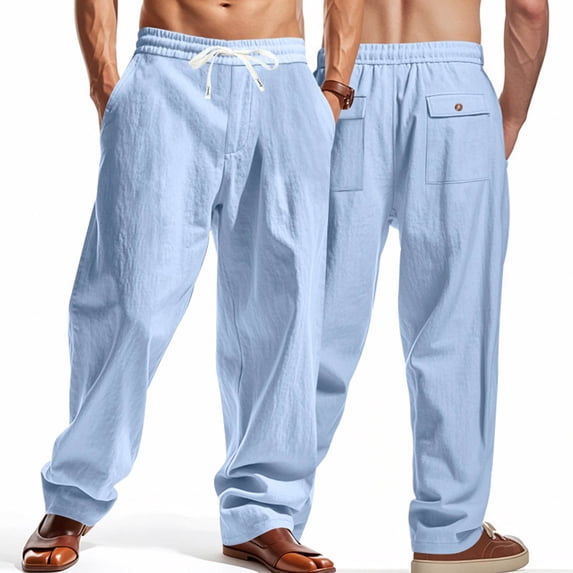 Blmnix Baggy Trousers for Men Workout Pants Palazzo Low Rise Linen Pants Pant Long Blue Straight-Leg Men's Casual Pants,M