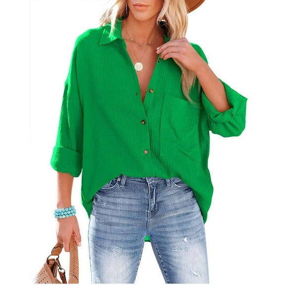 Blmnix Baggy Womens Tops Casual Roll Up Basic Tops for Woman V-Neck Long Sleeve Blouses