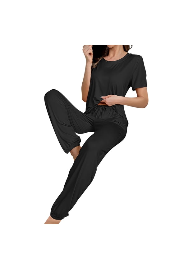 Bamboo Pajamas Pjs Sets for Women Petite Pajamas Sleepwear Sets Sleepwear Crew Neck Black Short Sleeve Full Matching Pajamas,L