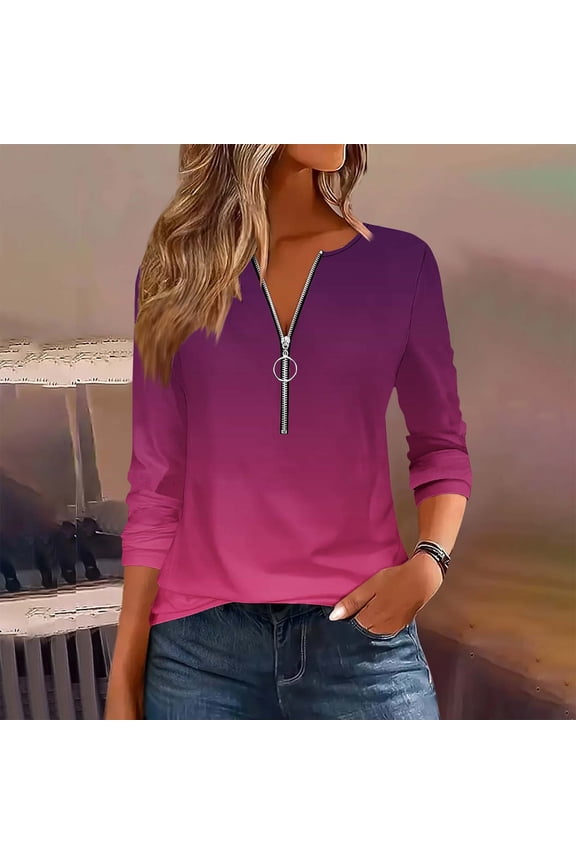 Blmnix Basics Casual Work Tops for Women Hot Pink Gradient Back To School Teacher Shirts Long Sleeve V-Neck Relaxed Tees