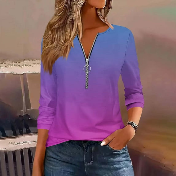 Blmnix Basics Cute Flowy Tops for Women Gradient Purple Dressy Tops for Women V-Neck Long Sleeve Relaxed Tees