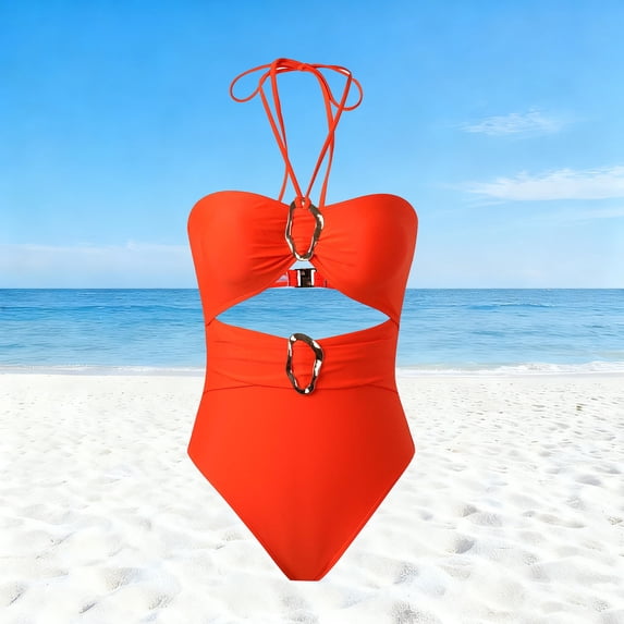 Blmnix Bathing Suit for Women One Piece Swimsuit Sexy Swimsuits Tummy Control Bathing Suit Orange Halter Swimsuit with Skirt,S