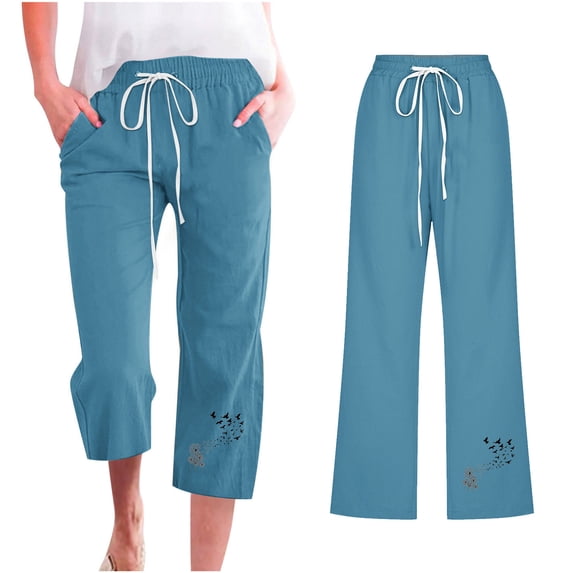 Blmnix Beach Pants Comfy Pants Women Pleated Cotton Linen Pants Relaxed Fit High Waisted Blue Straight-Leg 7/8th Beach Pants for Women,XL
