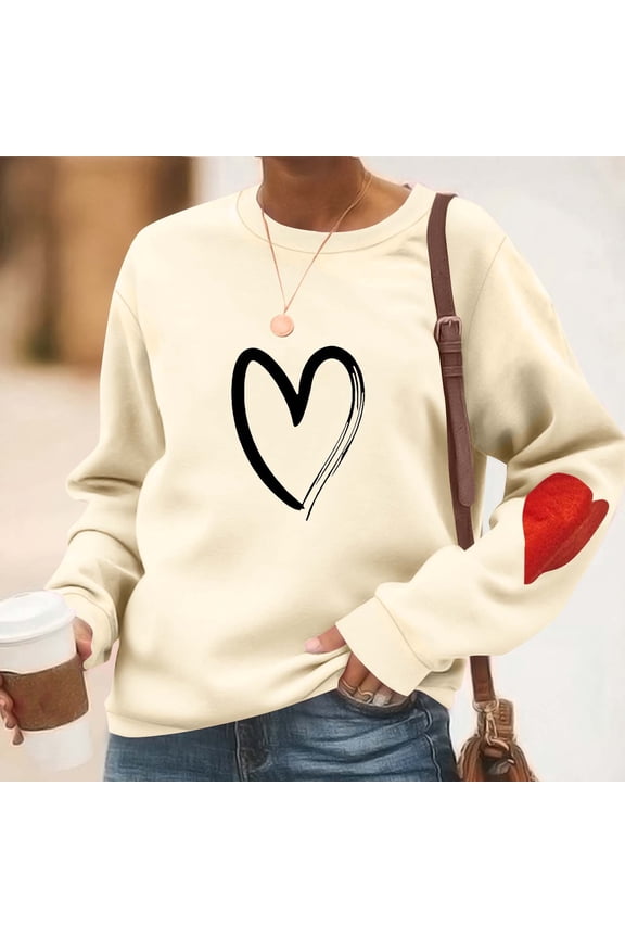 Beige Womens Sweatshirts Trendy Workout Love Heart Pullover Loose Tops for Women Streetwear Crew Neck Long Sleeve Tops