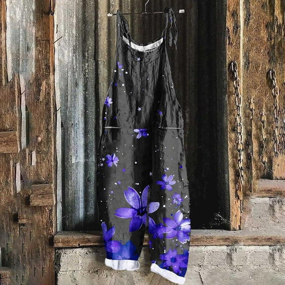 Blmnix Bib Club Outfits For Women Purple Flower Flowy Pants for Women Long Wide-Leg Palazzo Stretch Trousers