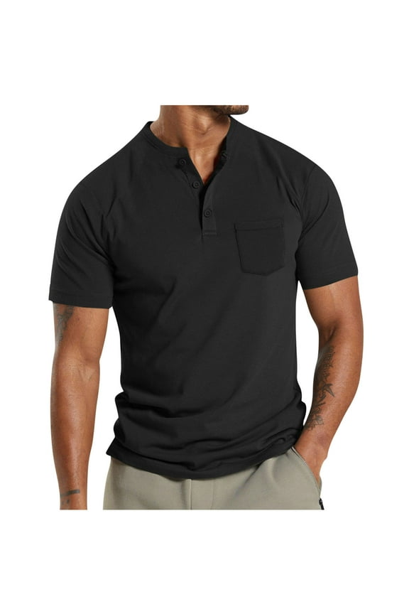 Big And Tall Shirt for Men Pullover Cotton T Shirts T-Shirt Henley Black Short Sleeve Polo T Shirts for Men,XXXL