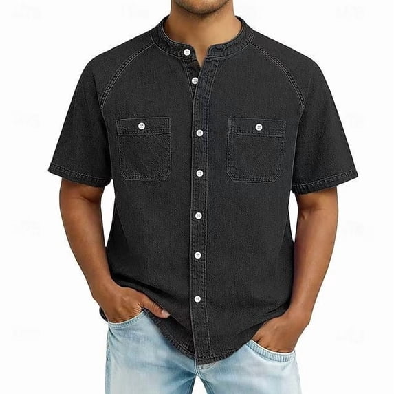Blmnix Big And Tall Shirts Men T Shirt Oversized Denim Shirt Guide Tshirts Black Short Sleeve Button Down Jewel Neck Tee Shirts Mens,L
