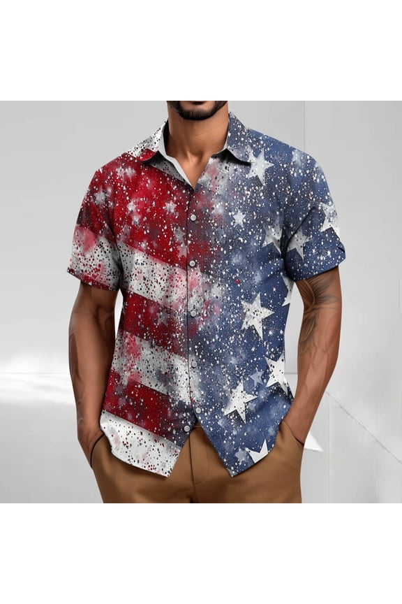 Big And Tall Shirts T-Shirts for Man Guide Independence Baggy Tshirt Blue Button UP Short Sleeve Collared Summer Shirt,L