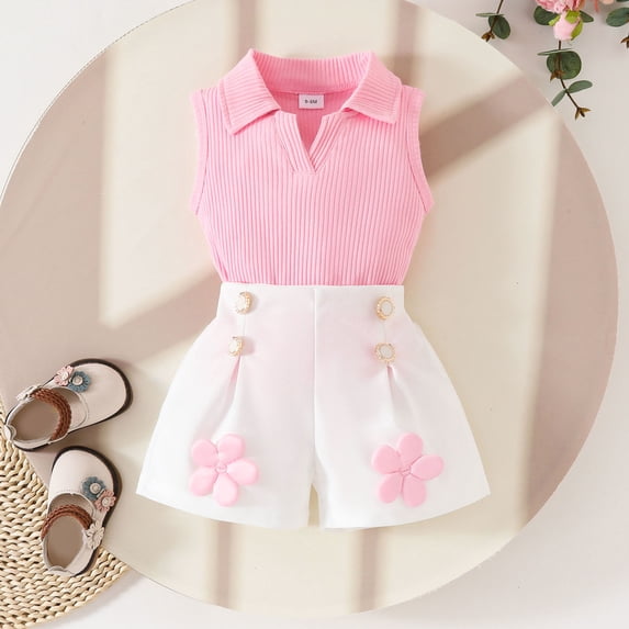 Blmnix Birthday Outfits Clothing Sets Cute Outfits Sweater Cocoon Outfit Pleated Pink Sleeveless Collared Summer Outfit,18-24 Month