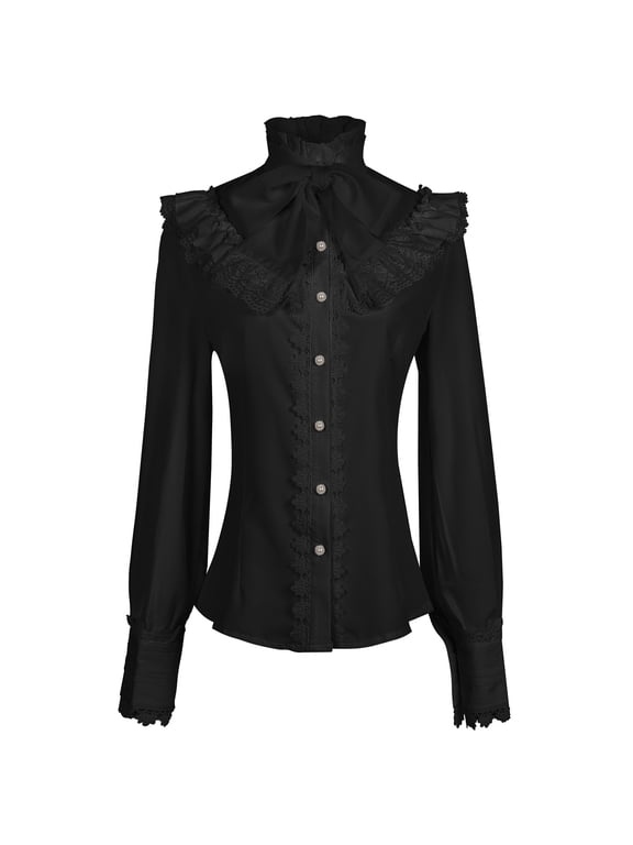 Black Button Down Shirts for Women Gothic Business Casual Tops Turtleneck Long Sleeve Tops