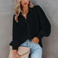 thumbnail image 1 of Blmnix Black Button Up Shirt Fluid Twill Puff Sleeve Womens Flowy Tops Long Sleeve V-Neck Tops, 1 of 7