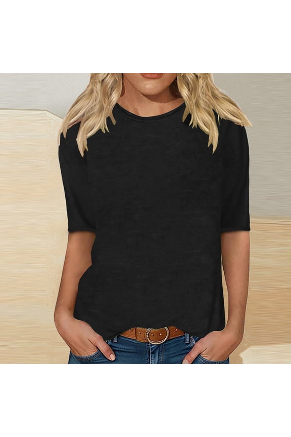 Blmnix Black Casual Womens Tops 2024 Elbow-Length Solid High Neck Loose Basic Blouse Fashion Blouses