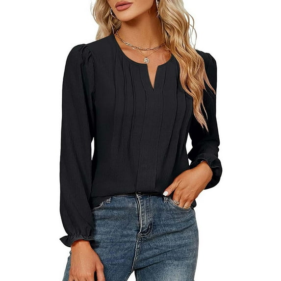 Blmnix Black Cute T Shirts Front Pleated Workout Plus Blouses for Women Dressy Casual V-Neck Long Sleeve Blouses
