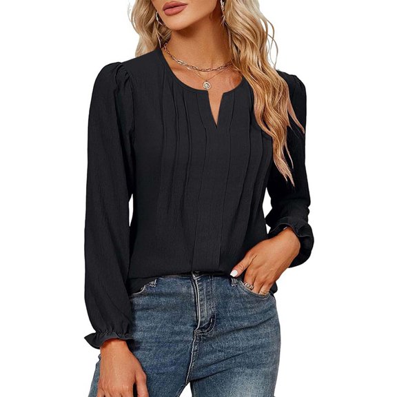 Blmnix Black Dressy Tops for Women Night Out Front Pleated Office Work Womens Trendy Tops Long Sleeve V-Neck Blouses