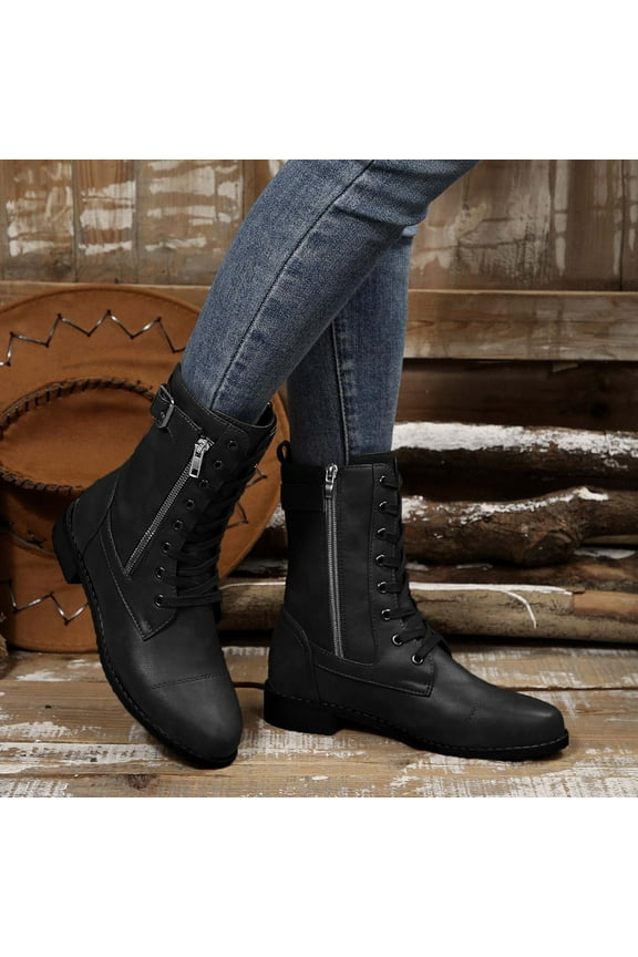 Black Fall Booties Leather Waterproof Work Boots for Women