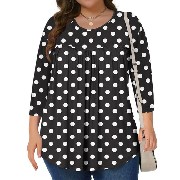 Blmnix Black Ladies Tops And Blouses Polka Dot Flowy V-Neck Graphic Tshirts for Women Relaxed 3/4 Sleeve Tops