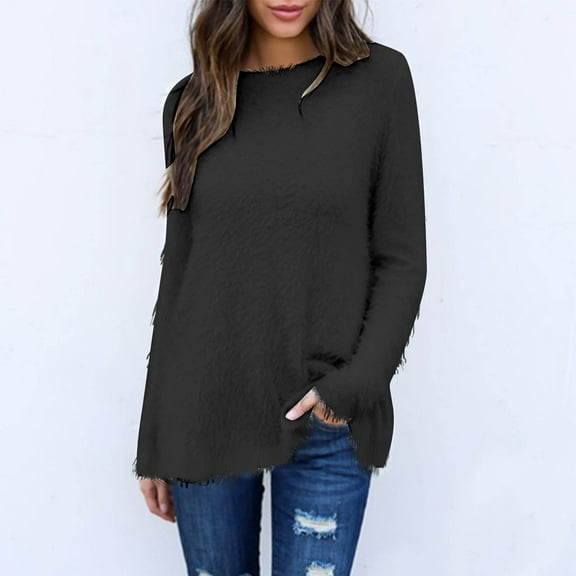 Blmnix Black Winter Tops for Woman Sweater Long Sleeve Solid Crew Neck Tunic Pullover Tops for Junior Fashion