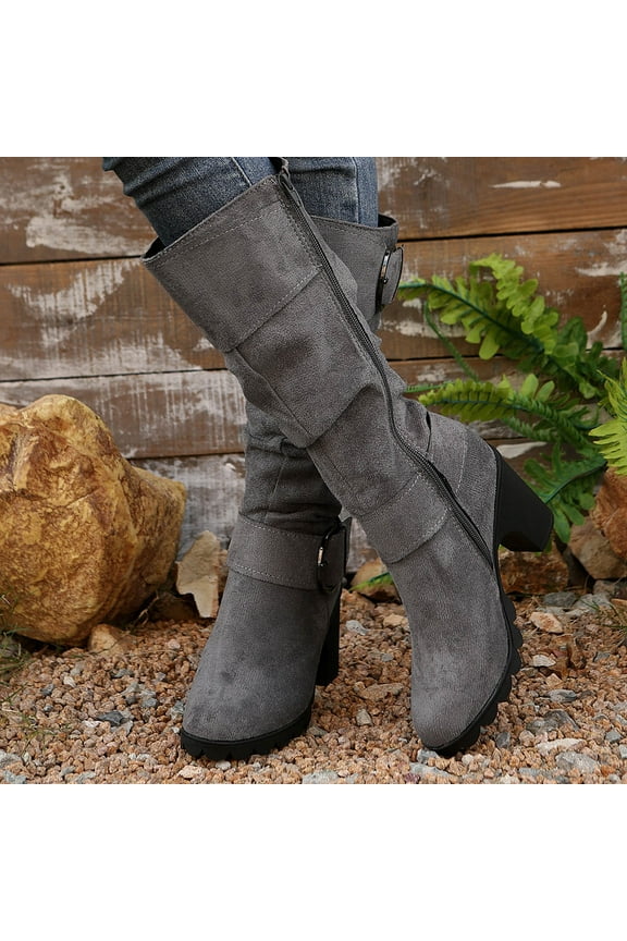 Block Heel Womens Suede Boots Chelsea Mid-Calf Gray Boots for Women