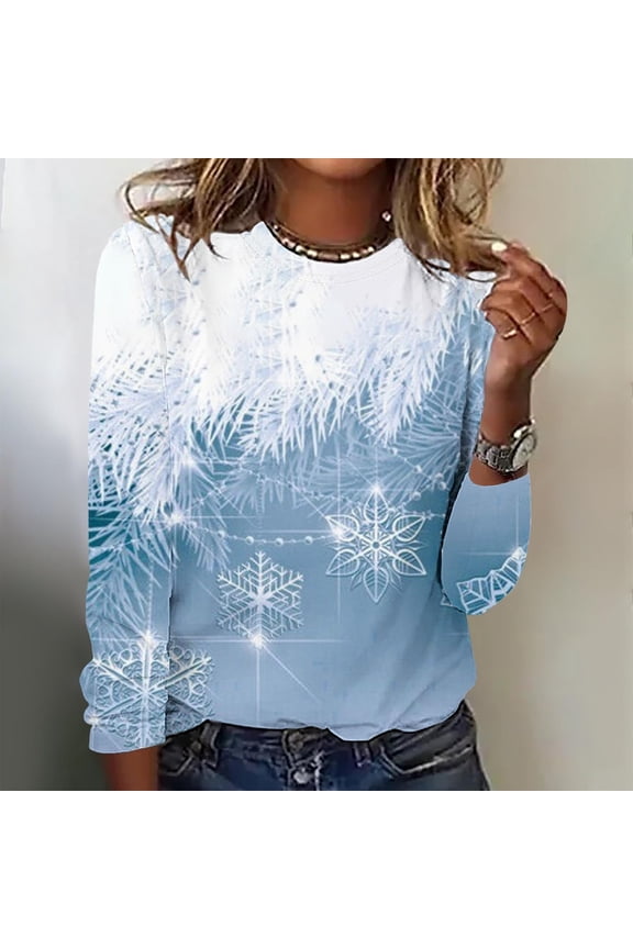 Blouses for Women Casual Long Sleeve Light Blue Christmas Crew Neck Womens Clothing Basics Tops