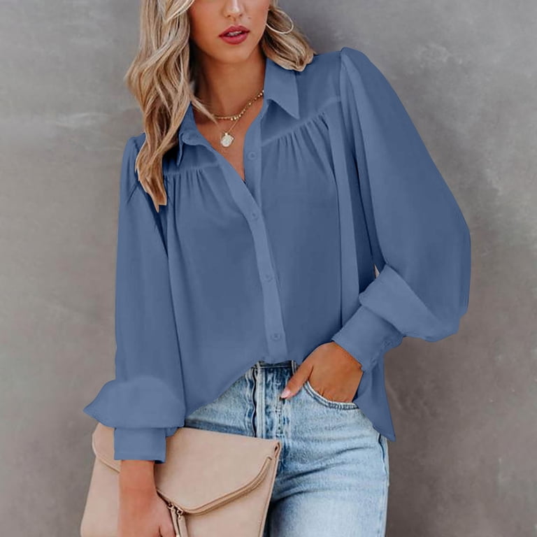 Blmnix Blue Button Up Shirt Fluid Twill Puff Sleeve Summer Blouse