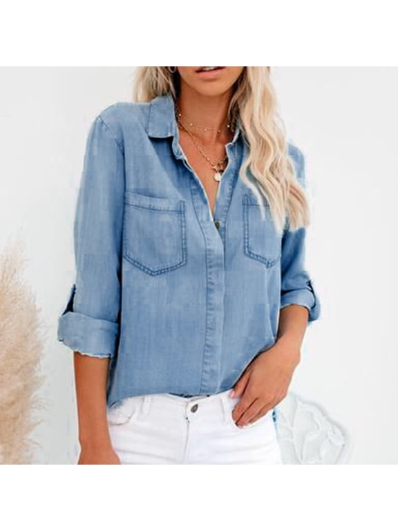 Blmnix Blue Fashion Womens Tops Denim Work Casual Solid Long Sleeve Blouse Womans Tops Fall
