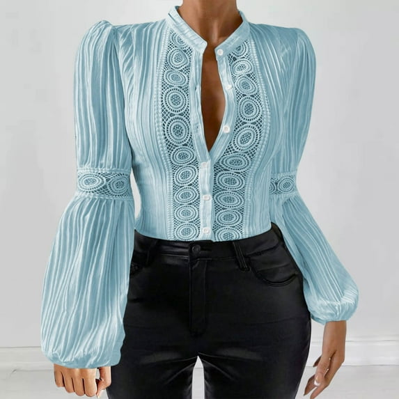 Blmnix Blue Shirts for Women Trendy Fall Collared Solid Blouse Ribbed Long Sleeve Blouses for Women Business Casual