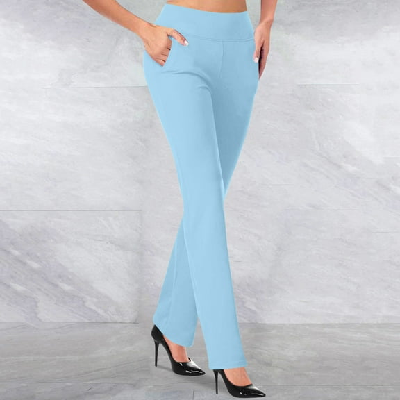 Blmnix Blue Stretchy Pants for Woman Trousers Dress pants Straight-Leg High Ankle Palazzo Pants for Junior Elastic