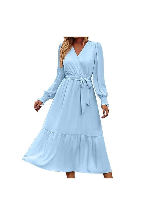 Blmnix Blue Trendy Dresses for Women Modest Long Tiered Plus Size Long Sleeve Wrap Womans Dresses Tea Party
