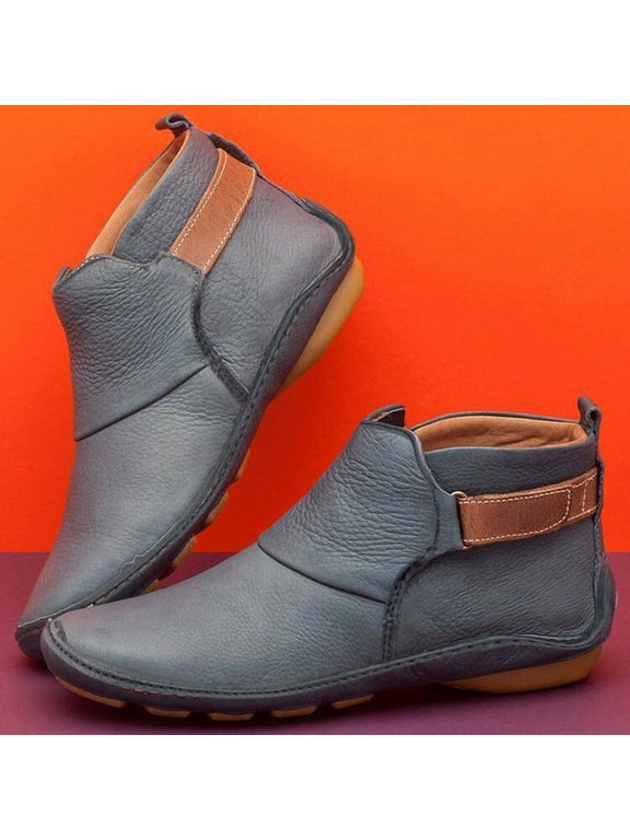 Blue Women Boots Ankle Waterproof Leather Chelsea Fall Boots for Women