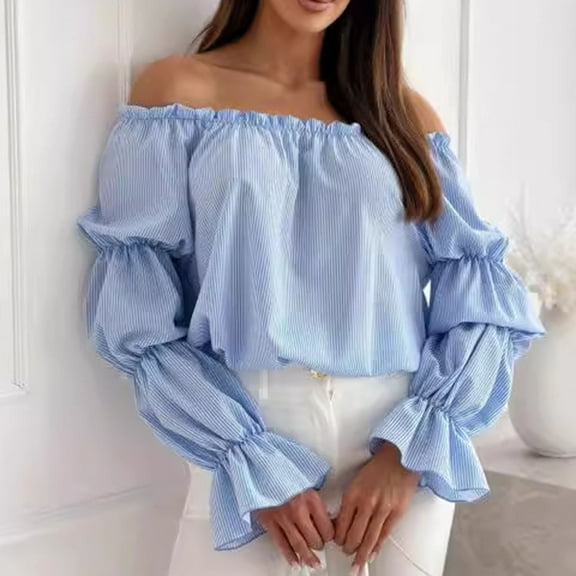 Blmnix Boat Neck Women Blouses Puff Sleeve Solid Blue Long Sleeve Blouse Dressy Casual Everyday Basic Outdoor Ladies Tops and Blouses