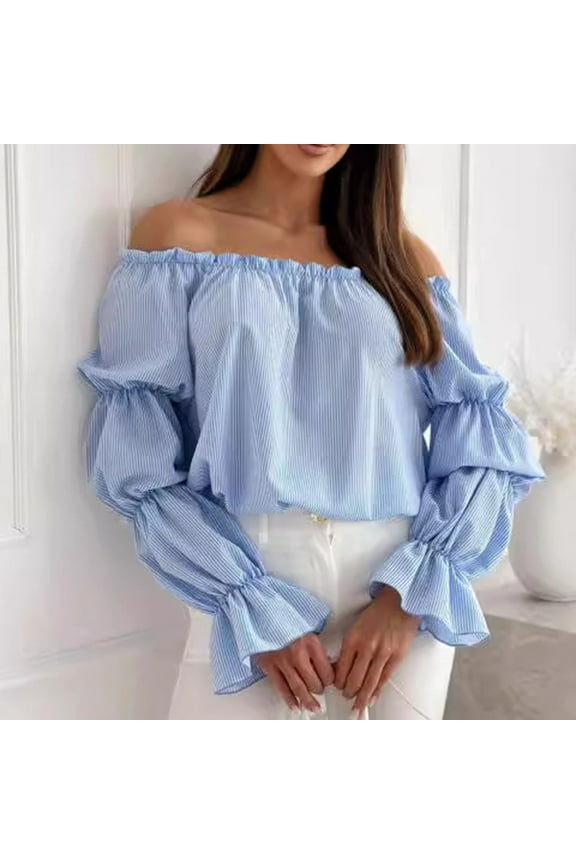Boat Neck Work Blouses Long Sleeve Solid Blue Puff Sleeve Blouse Basic Outdoor Everyday Dressy Casual Fall Blouses