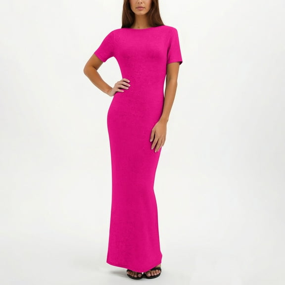 Blmnix Bodycon Holiday Party Dresses for Women Sexy Prom Dresses Maxi Pink Short Sleeve Crew Neck Dress for Women,XS