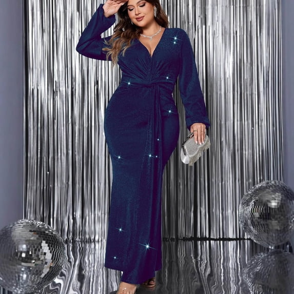 Blmnix Bodycon Women's Dresses Elegant Dresses for Curvy Dress V-Neck Long Sleeve Blue Maxi Adjustable Waist Women's Summer Dresses,XL