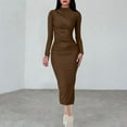 thumbnail image 1 of Blmnix Bodycon Womens Dresses Long Dresses Elegant Dresses Dress Cocktail-Length Long Sleeve Brown Crew Neck Adjustable Waist Womens Spring Dress,L, 1 of 7