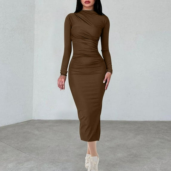 Blmnix Bodycon Womens Dresses Long Dresses Elegant Dresses Dress Cocktail-Length Long Sleeve Brown Crew Neck Adjustable Waist Womens Spring Dress,L