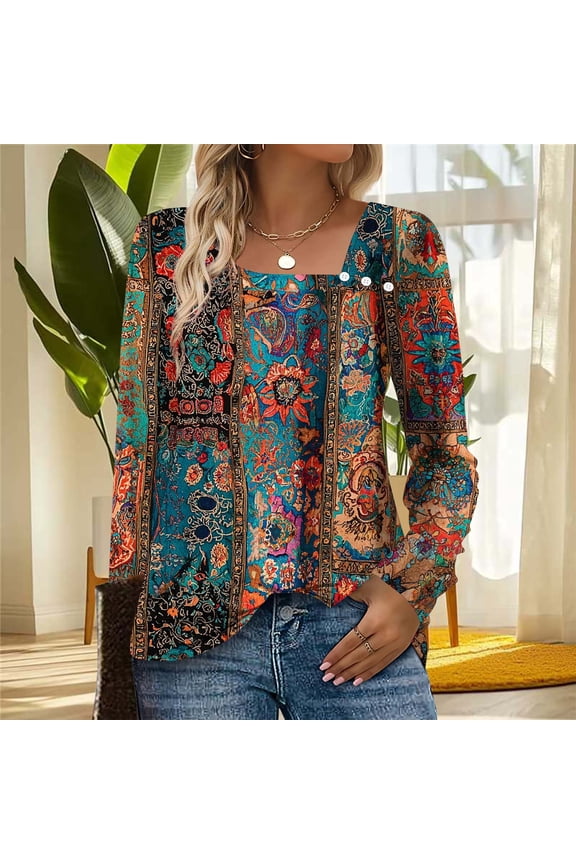 Bohemian Beach Tops Beach Vacation Brown Paisley Print Cute Graphic Tees Square Neckline Long Sleeve Blouses