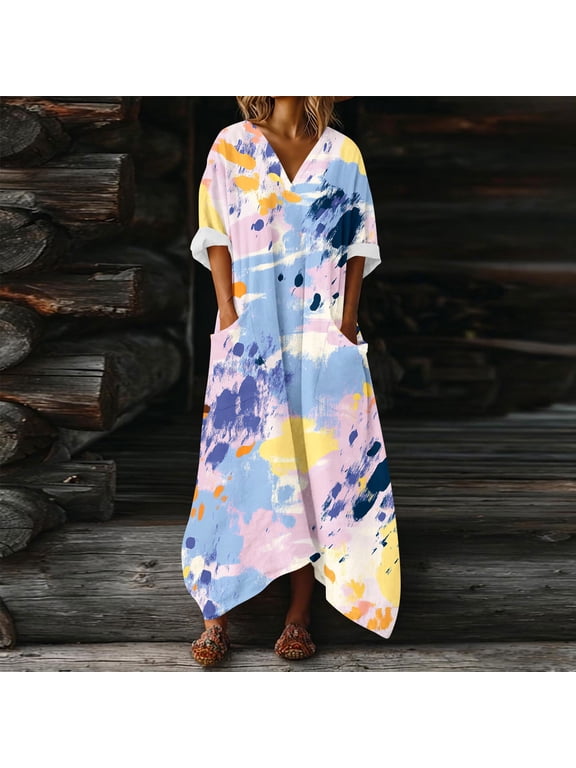 Boho Dresses Dress Women Popover Mumu Dresses Dresses V-Neck Short Sleeve Maxi with Pockets Casual Dresses,L