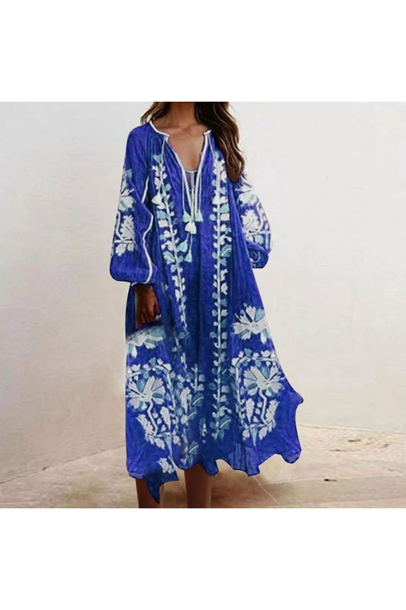 Boho Dresses Women's Dresses Plus Size Shift Dresses Long Sleeve Blue V-Neck Holiday Skirts for Women,L