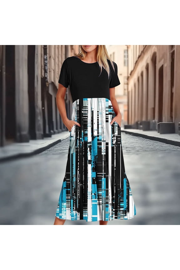 Boho Dresses for Women Flowy Twofer Casual Dress Short Sleeve Cocktail-Length Crew Neck Blue Girls Dress,L