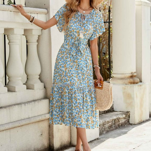 Blmnix Boho Holiday Party Dresses for Women Fit & Flare Pleated Dress Short Sleeve Blue Cocktail-Length Tie Neck Drop Waist Dress Women,XL