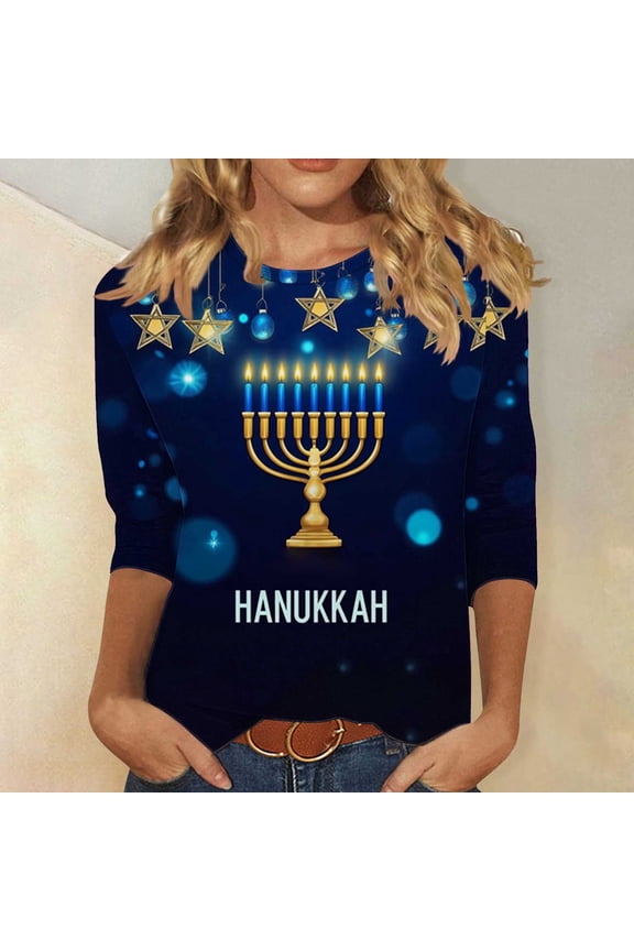 Boho Tops for Women 2026 Pullover Thanksgiving Chanukah Blouses Crew Neck 3/4 Sleeve Country Concert Tops,XXXXXL