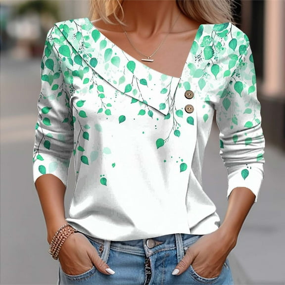 Blmnix Botanical Gym Tops for Women Cuffed Womens Blouses Dressy Casual V-Neck Long Sleeve Blouses