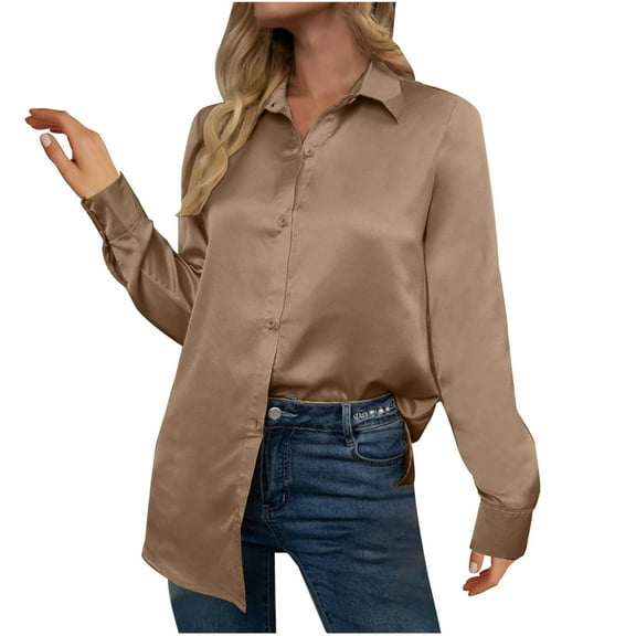 Blmnix Brown Fitted Button Up Shirts Tunic Satin Athletic Shirts Women Long Sleeve V-Neck Tees
