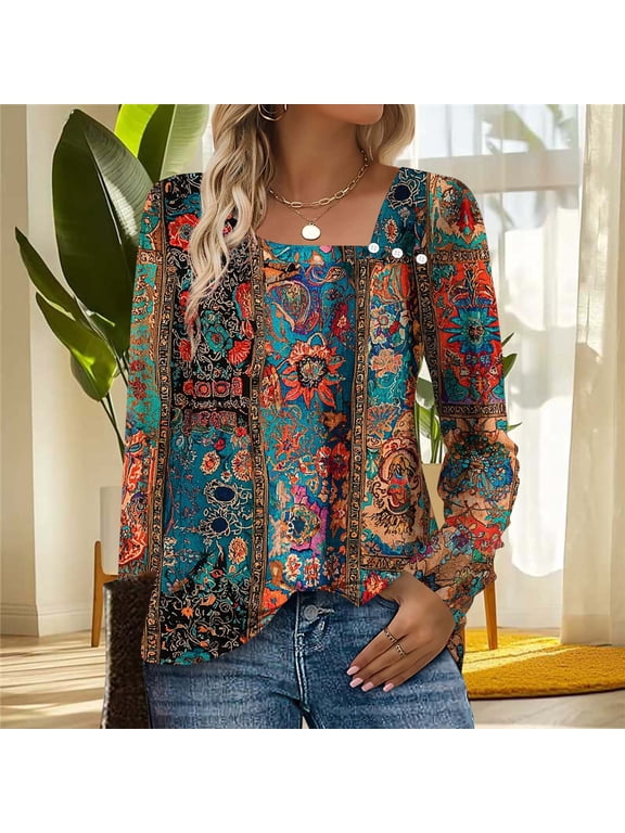 Brown Women Shirts Casual Paisley Print Gym Bohemian Womens Plus Size Tops Long Sleeve Square Neckline Blouses