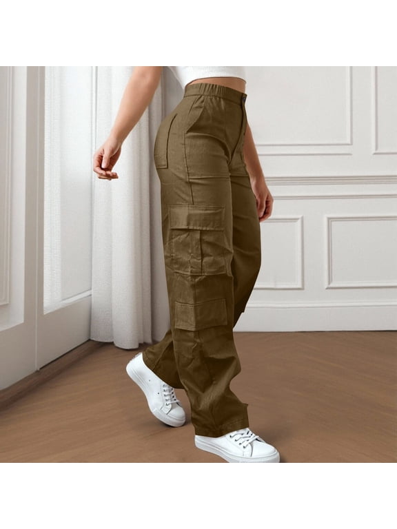 Brown Womens Cargo Pants Pockets Wide-Leg Womens Travel Pants Pull On Trousers