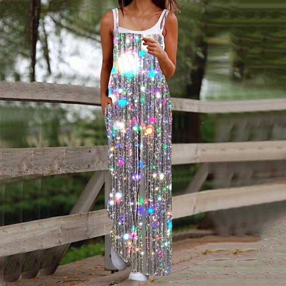 Blmnix Business Casual Outfits For Women Spaghetti Strap Glitter Overalls For Women Loose Fit Palazzo Long Wide-Leg Trousers